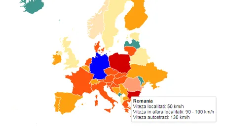 Harta Europei din punct de vedere al vitezelor pe şosele